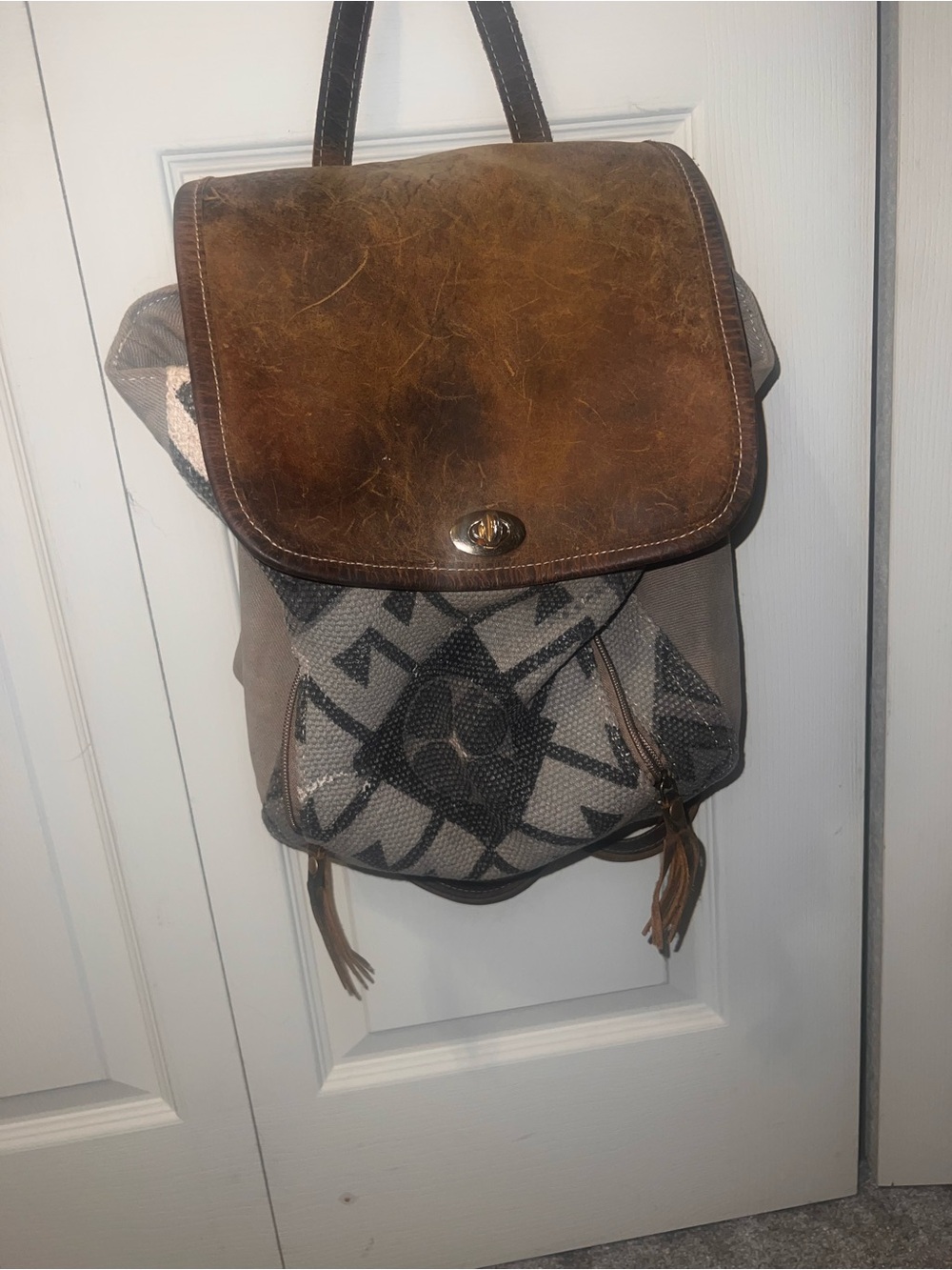 Myra Leather-Trim Brown and Gray Patterned Backpack